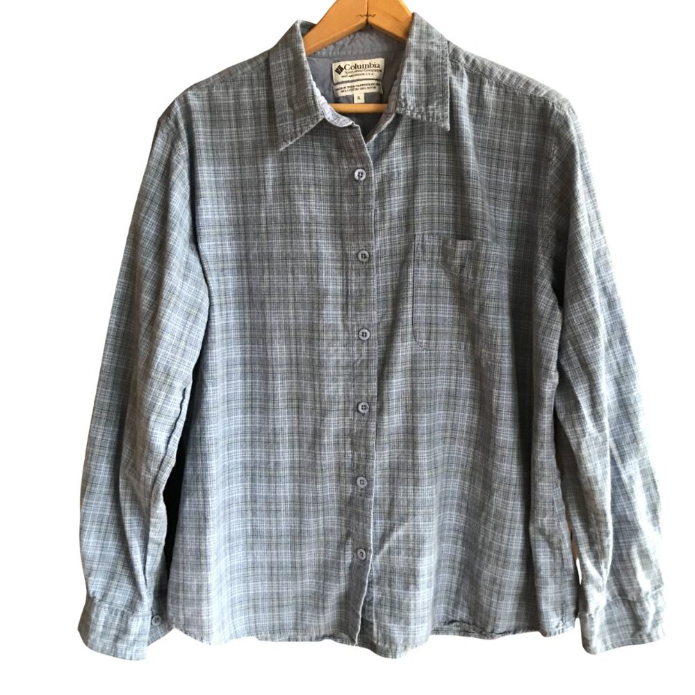 Columbia Long-Sleeved Button-Down Men's Shirt, Soft Blue Gray Plaid Size XL